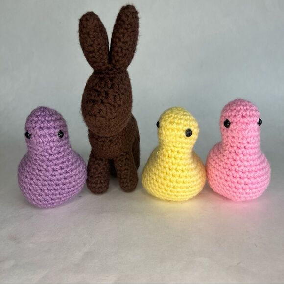 Crochet Chocolate Bunny & 3 Chicks Purple Pink Yellow Easter - Picture 2 of 4